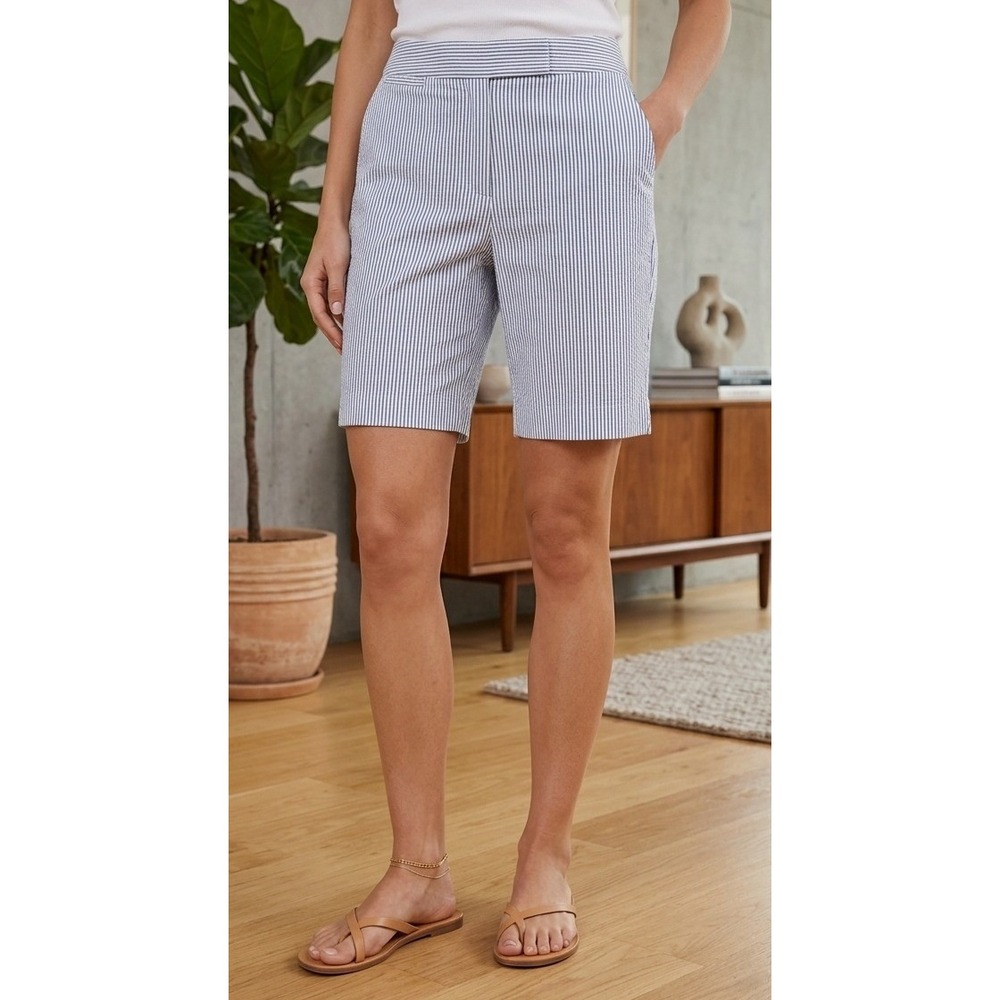Talbots Seersucker Striped Bermuda Shorts Women's 6P Blue White Coastal Casual